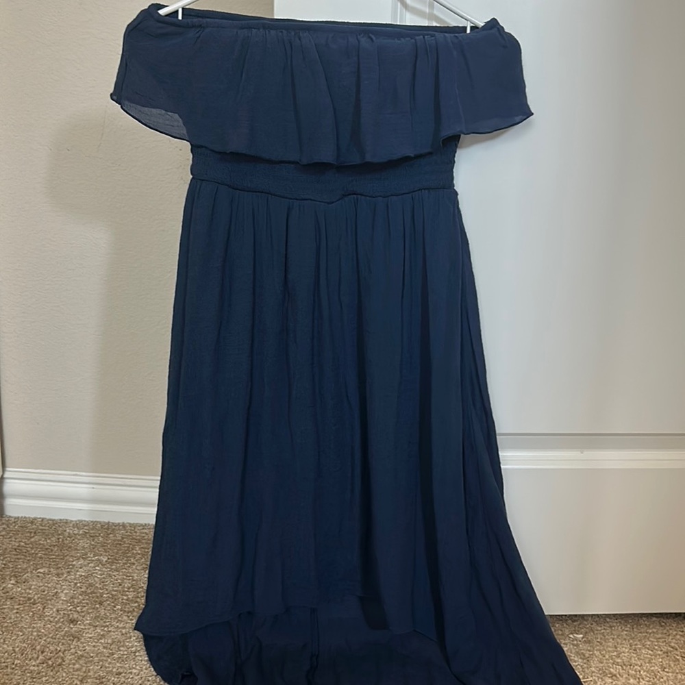 navy dress, shorter in front, longer in back